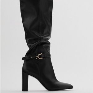 NWT Zara Tall Black Genuine Leather Boots With Gold Horsebit Detail EU 38 $200
